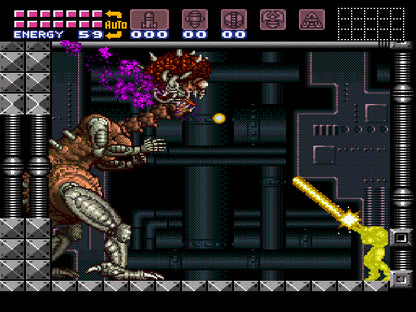 Super Metroid Player’s Choice Super Nintendo SNES video game, action adventure, sci-fi exploration, classic Nintendo title gameplay