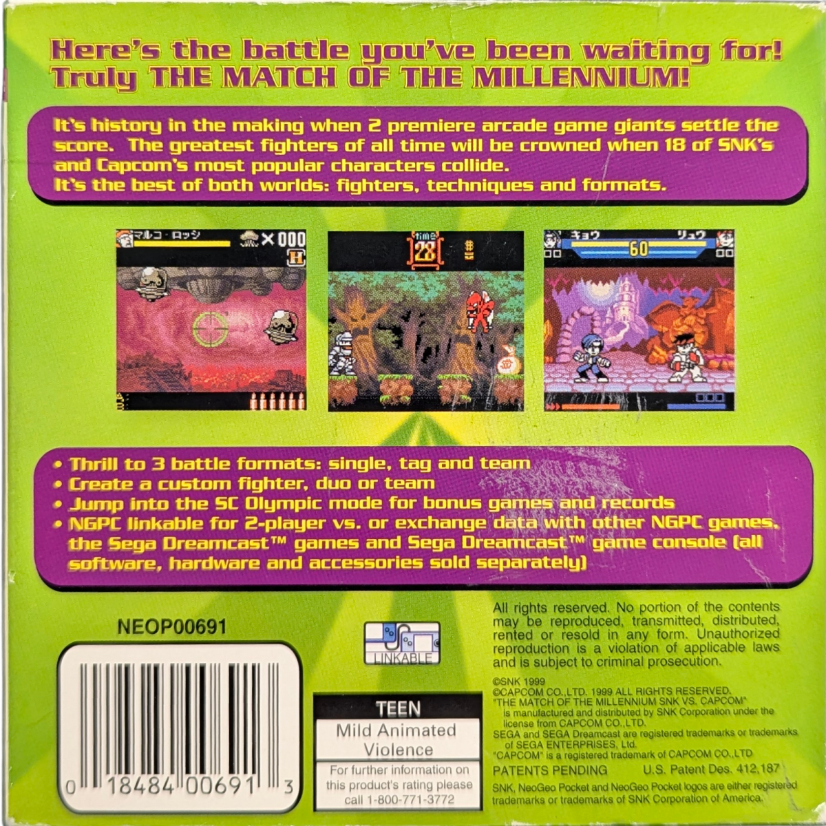 SNK vs. Capcom: Match of the Millennium [CIB] for Neo Geo Pocket Color (NGP) featuring a packed portable 2D fighter with iconic characters from both companies and tight responsive combat; choose solo or tag modes pull off specials and enjoy a complete in box crossover classic back cover