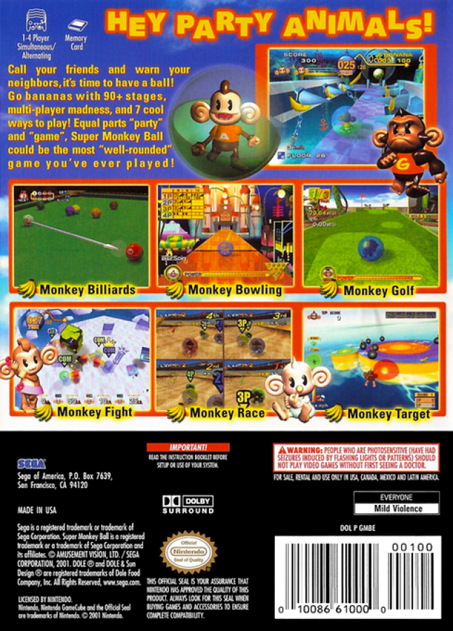 Super Monkey Ball [Player's Choice] back of case for Nintendo GameCube (GC) puzzle platform party video game