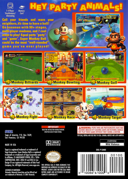 Super Monkey Ball [Player's Choice] back of case for Nintendo GameCube (GC) puzzle platform party video game