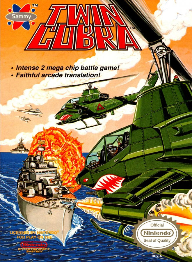 Twin Cobra cartridge for the Nintendo Entertainment System featuring 8 bit vertical scrolling shooter action with military helicopter combat intense enemy waves and arcade style gameplay front cover