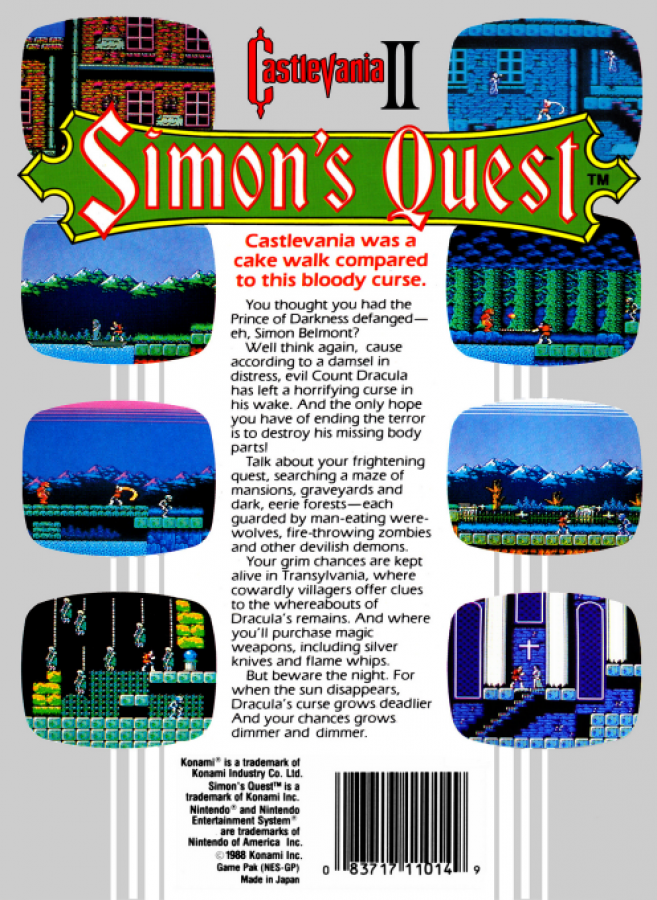Castlevania II: Simon's Quest – Nintendo Entertainment System (NES) Back Cover Box Art for this Nes Game 