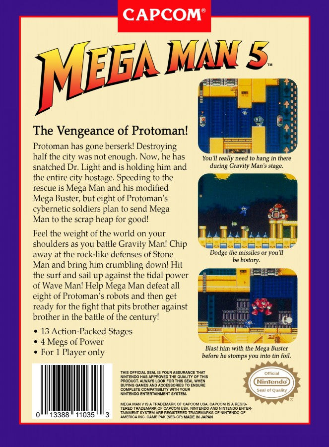 Mega Man 5 NES Nintendo Entertainment System action platformer side scrolling shooter run and gun robot masters boss battles Capcom classic retro 8 bit gaming cartridge video game title back art 
