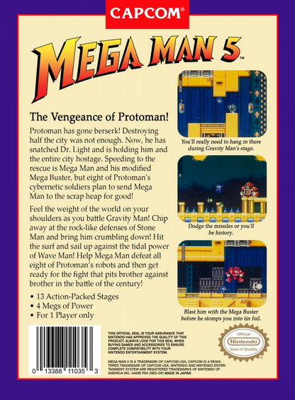 Mega Man 5 NES Nintendo Entertainment System action platformer side scrolling shooter run and gun robot masters boss battles Capcom classic retro 8 bit gaming cartridge video game title back art 
