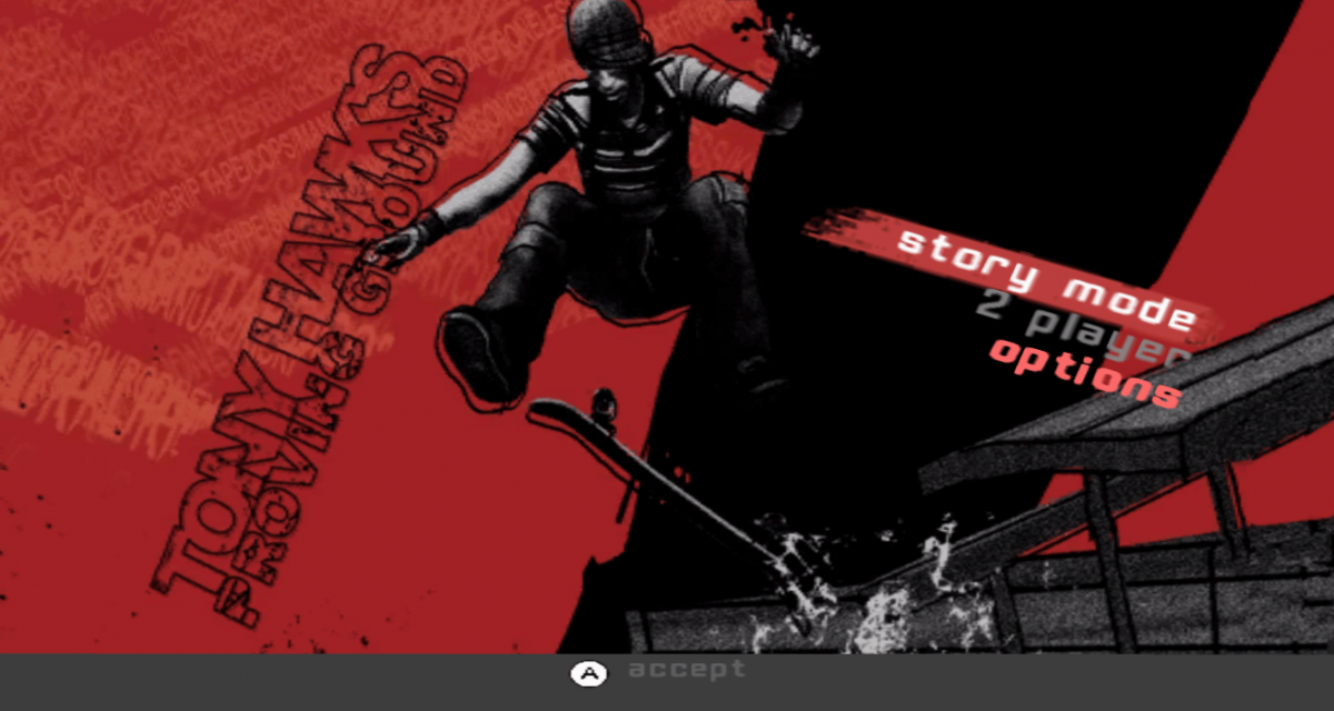 Tony Hawk’s Proving Ground title screen for Nintendo Wii (Wii) featuring customizable skaters, motion‑controlled tricks, and career progression across diverse skate parks.