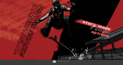 Tony Hawk’s Proving Ground title screen for Nintendo Wii (Wii) featuring customizable skaters, motion‑controlled tricks, and career progression across diverse skate parks.