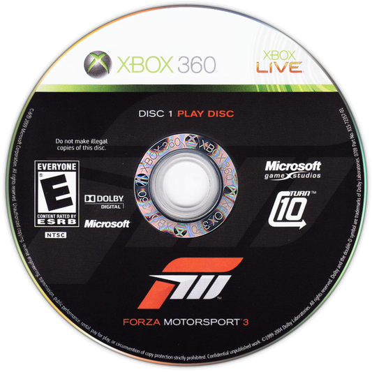 Forza Motorsport 3 for Xbox 360 racing simulation video game featuring realistic driving physics extensive car roster detailed tracks and immersive motorsports career experience disc 1