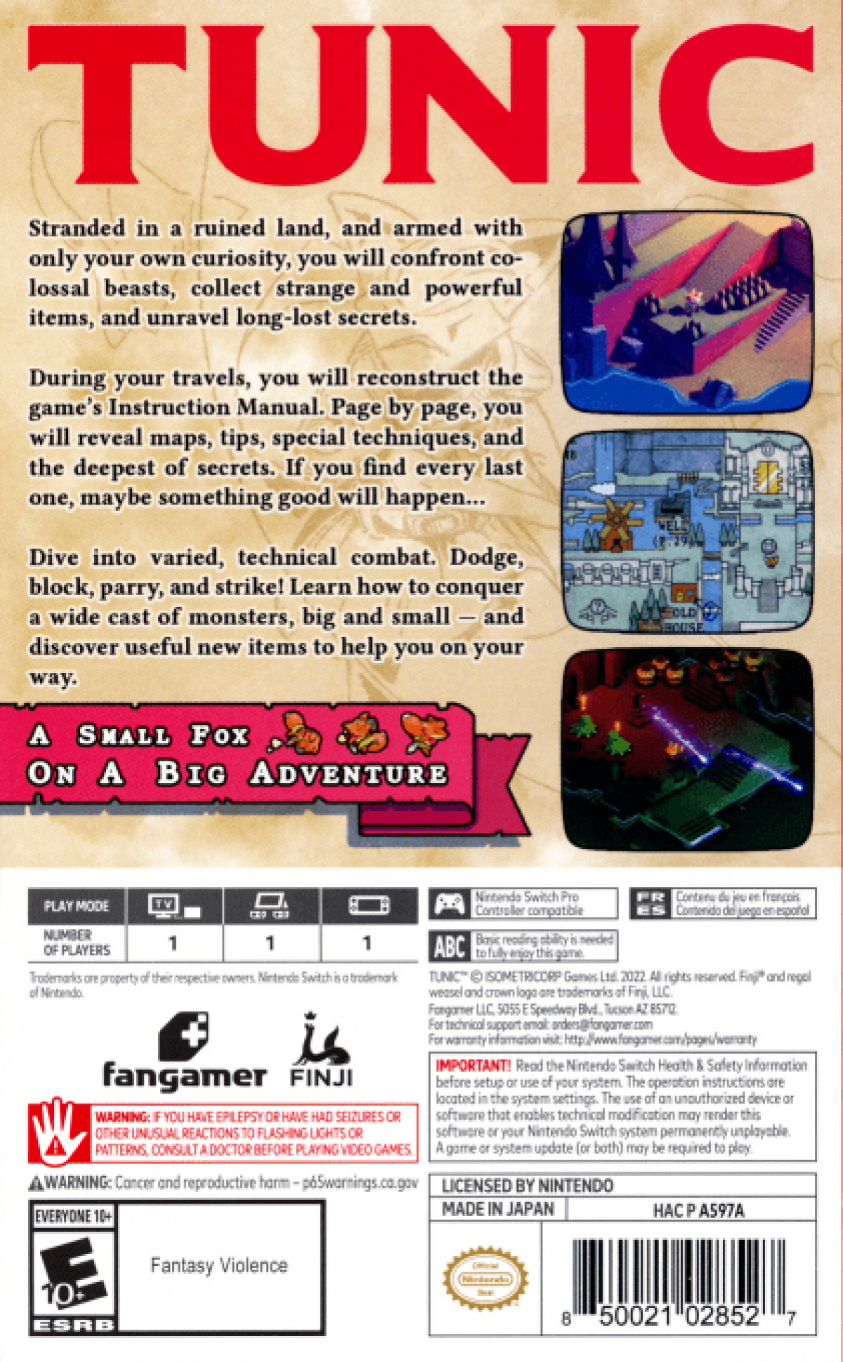 Tunic Deluxe back of box for Nintendo Switch action adventure game