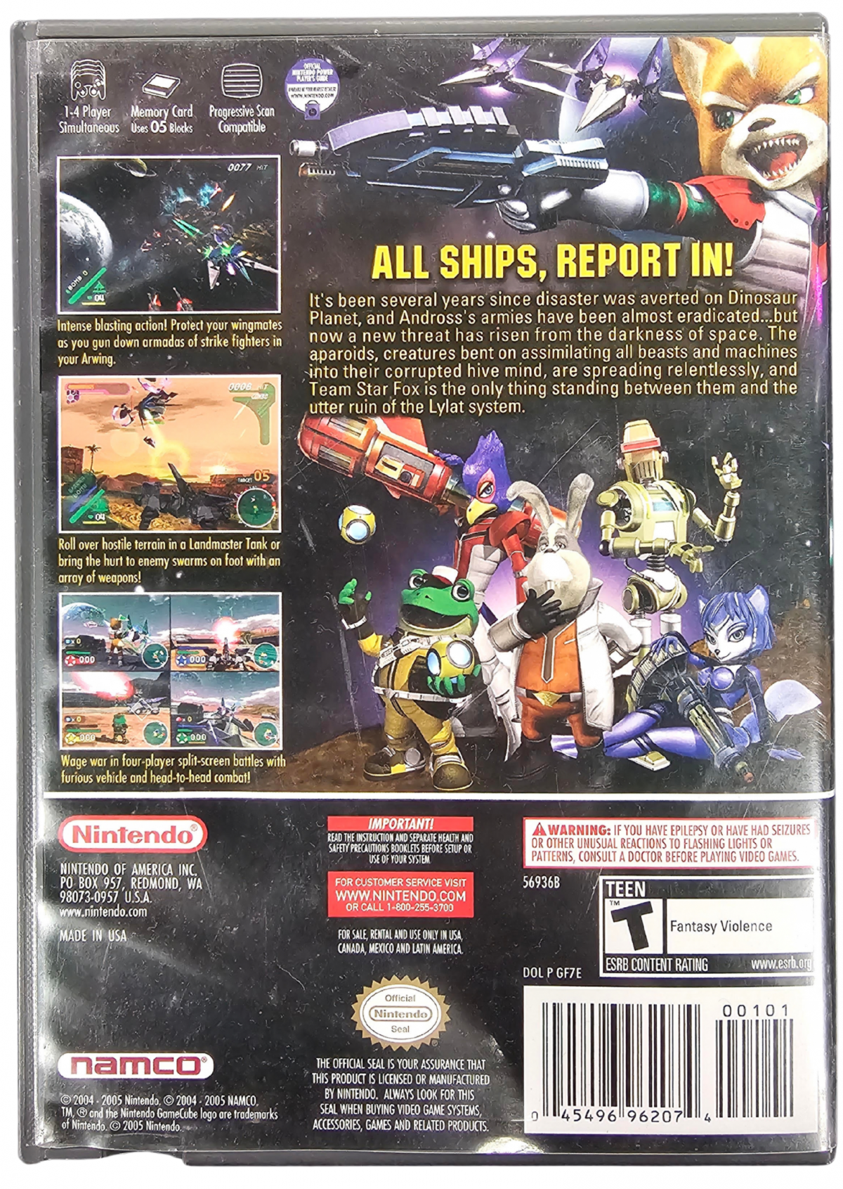 Star Fox Assault Nintendo GameCube GC video game Complete In Box CIB featuring action shooter gameplay Fox McCloud and Star Fox team space combat Arwing piloting land battles vehicle combat enemy forces multiplayer modes and classic Nintendo GameCube gameplay retro video game collection collectible gaming appeal back cover art