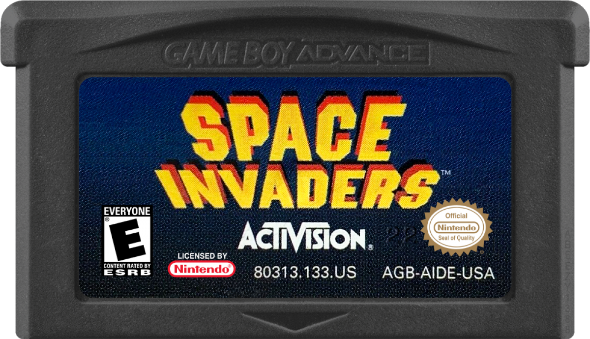 Space Invaders Game Boy Advance GBA video game featuring classic arcade shooter gameplay alien invasion battles laser cannon action enemy formations bonus stages high score challenges and classic handheld gaming retro video game collection collectible gaming appeal cartridge