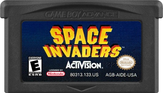 Space Invaders Game Boy Advance GBA video game featuring classic arcade shooter gameplay alien invasion battles laser cannon action enemy formations bonus stages high score challenges and classic handheld gaming retro video game collection collectible gaming appeal cartridge