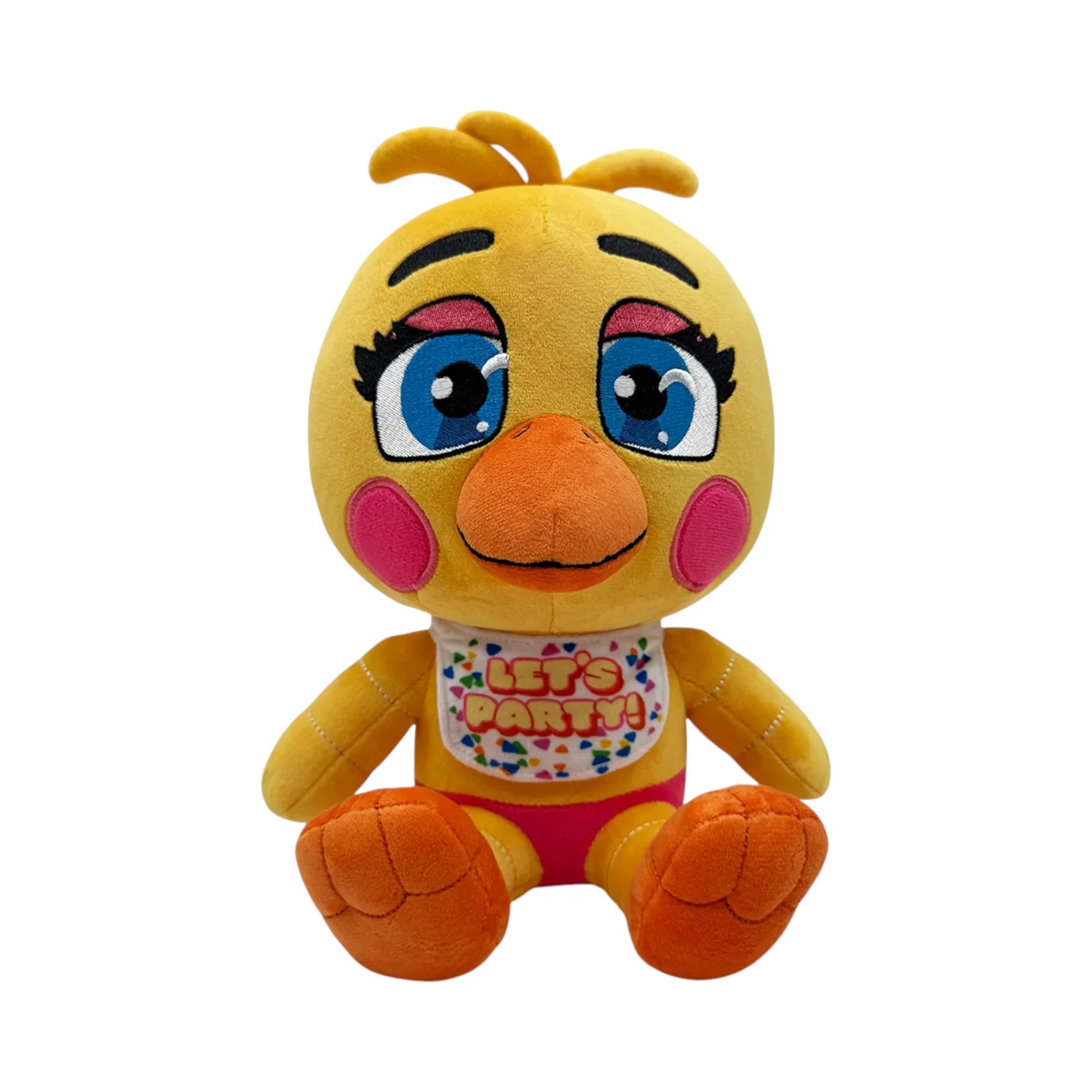 Toy Chica 9 Inch Plush collectible Five Nights at Freddy's FNAF character plush featuring Toy Chica soft plush construction bright yellow chicken design pink bib and detailed character styling 9 inch size huggable collectible display item video game merchandise and gaming collectible appeal front