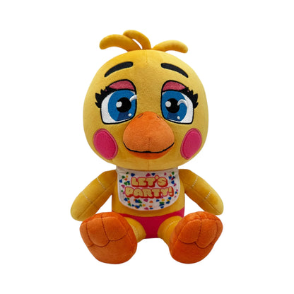 Toy Chica 9 Inch Plush collectible Five Nights at Freddy's FNAF character plush featuring Toy Chica soft plush construction bright yellow chicken design pink bib and detailed character styling 9 inch size huggable collectible display item video game merchandise and gaming collectible appeal front