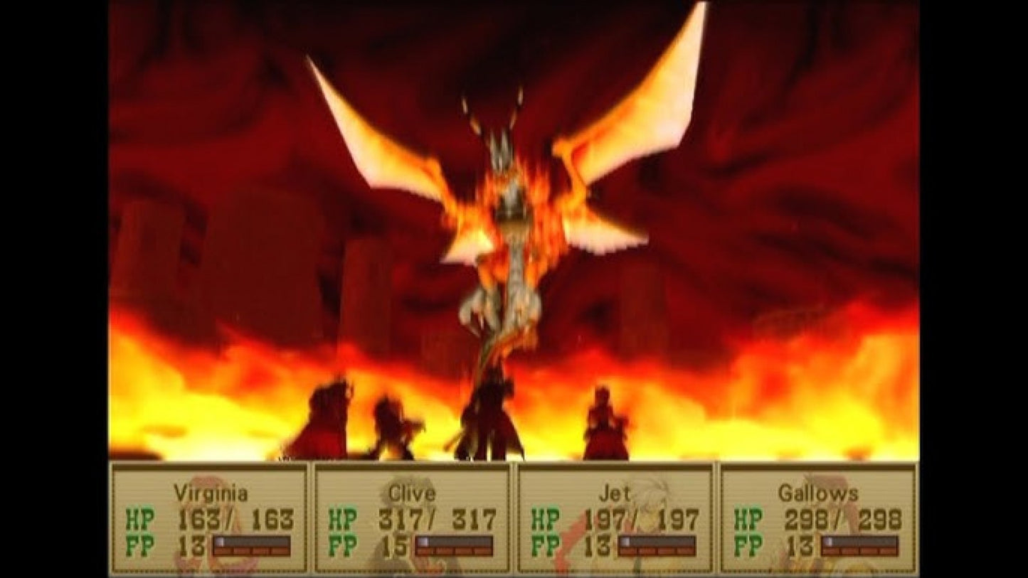 Wild Arms 3 PS2 Sony PlayStation 2 JRPG role playing game cel shaded Western fantasy adventure turn based combat dungeon exploration puzzle solving gunfighter characters story driven gameplay desert world retro gaming PlayStation 2 software video game title gameplay