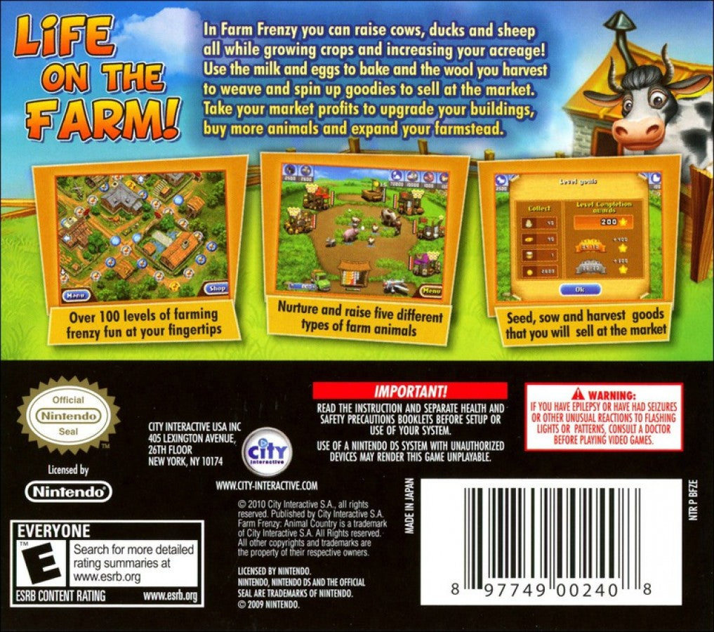 Farm Frenzy: Animal Country back of case for Nintendo DS (DS) farming time management simulation video game