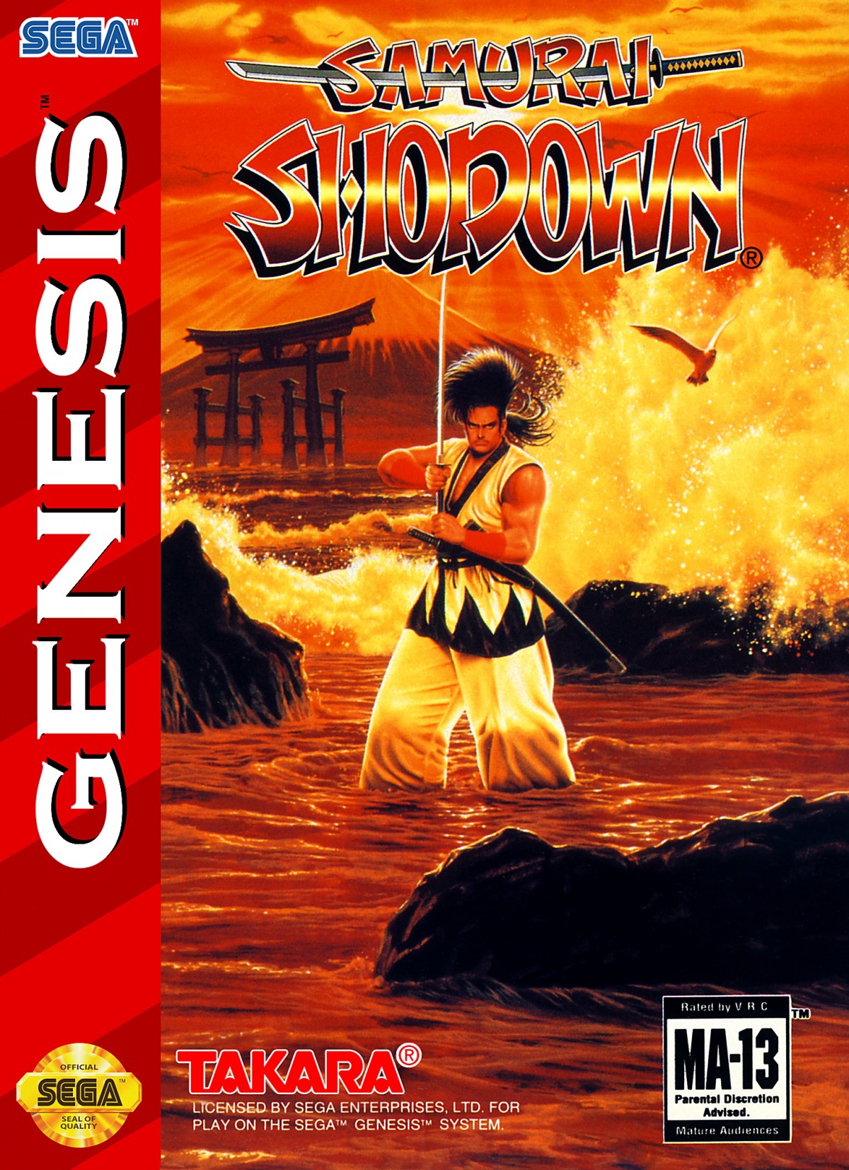 Samurai Shodown Sega Genesis GEN video game featuring 2D fighting gameplay samurai warriors weapon based combat special attacks character battles Japanese themed environments arcade style action competitive matches and classic 16 bit Sega gameplay retro video game collection collectible gaming appeal front cover art