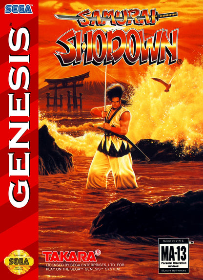 Samurai Shodown Sega Genesis GEN video game featuring 2D fighting gameplay samurai warriors weapon based combat special attacks character battles Japanese themed environments arcade style action competitive matches and classic 16 bit Sega gameplay retro video game collection collectible gaming appeal front cover art