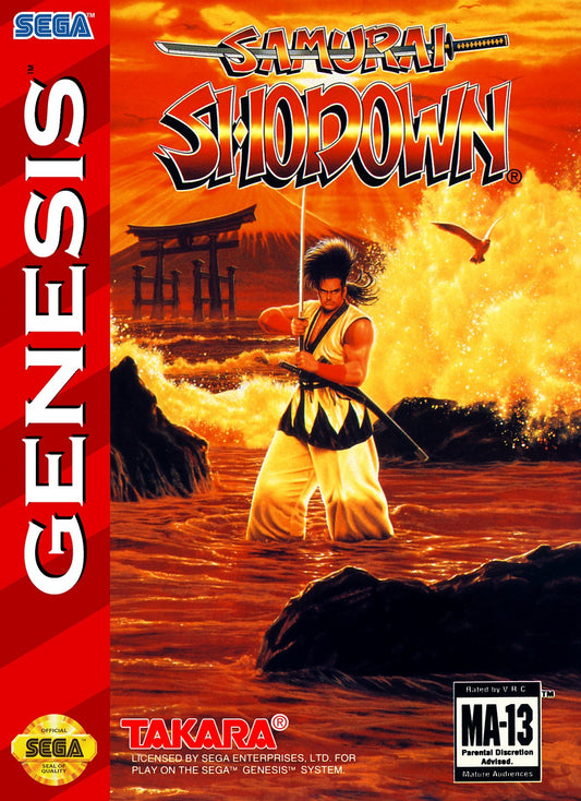 Samurai Shodown Sega Genesis GEN video game featuring 2D fighting gameplay samurai warriors weapon based combat special attacks character battles Japanese themed environments arcade style action competitive matches and classic 16 bit Sega gameplay retro video game collection collectible gaming appeal front cover art