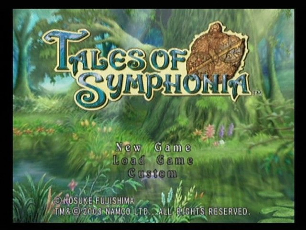 Tales of Symphonia Player’s Choice GameCube GC video game, JRPG, fantasy adventure, real-time combat, anime-style storytelling, Nintendo GameCube classic main menu title screen