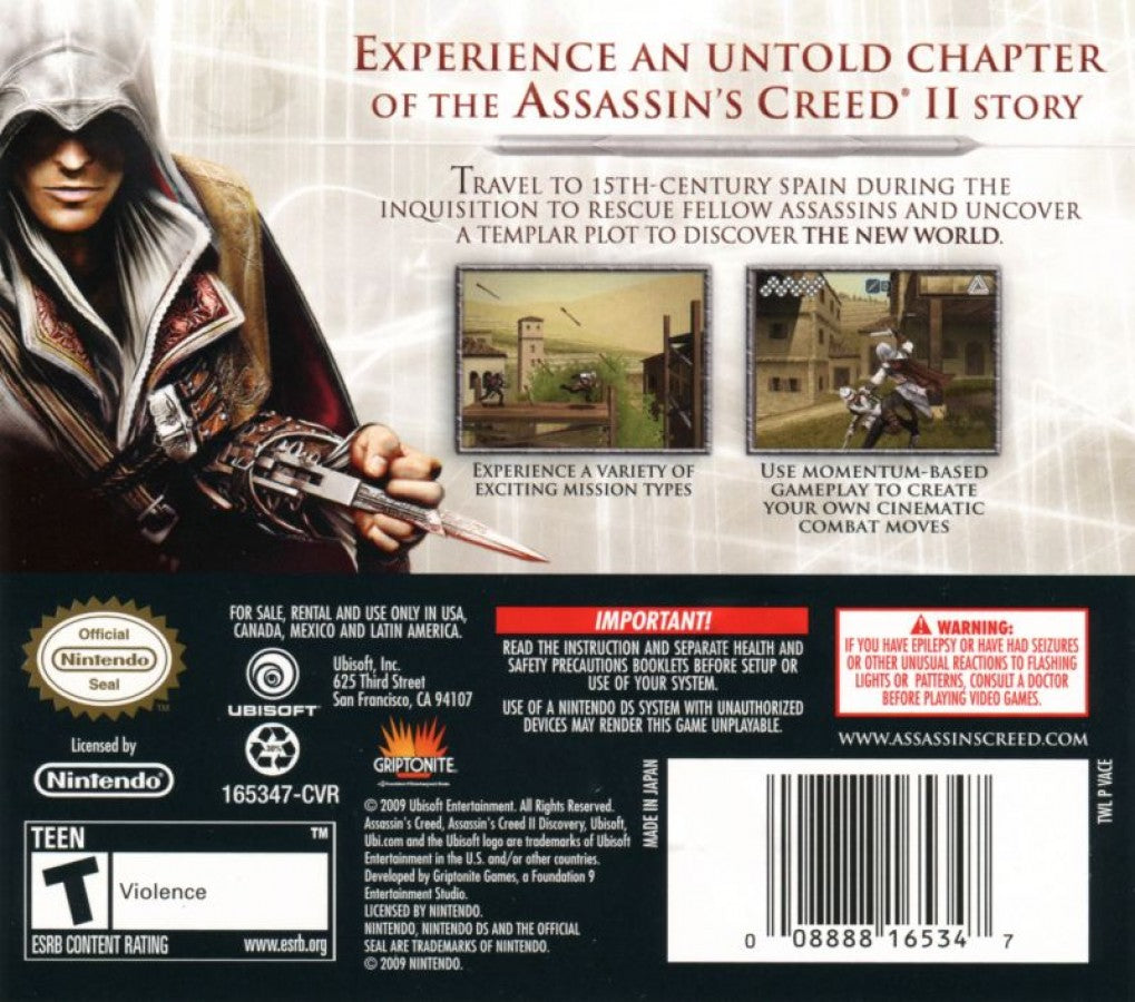 Assassin’s Creed II Discovery for Nintendo DS side scrolling action adventure game featuring stealth platforming missions historical settings puzzle elements and a unique handheld Assassin’s Creed gameplay experience back cover