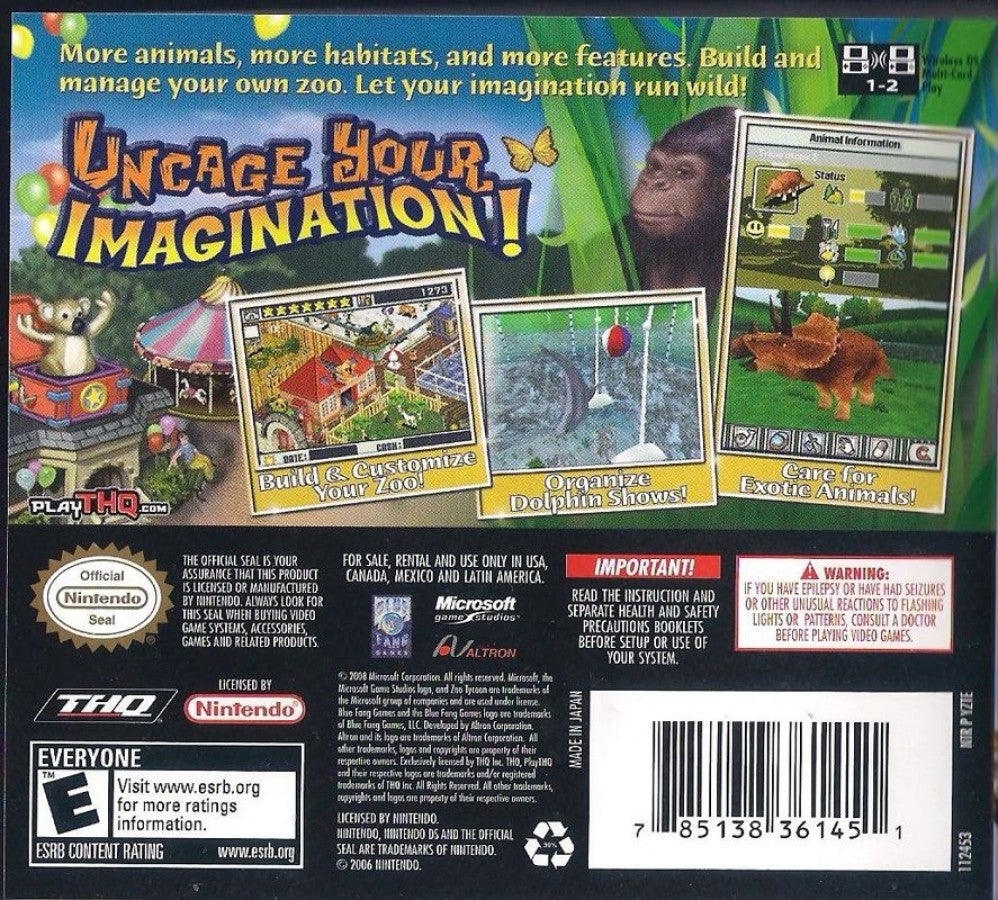 Zoo Tycoon 2 back of case for Nintendo DS (DS) zoo management simulation video game