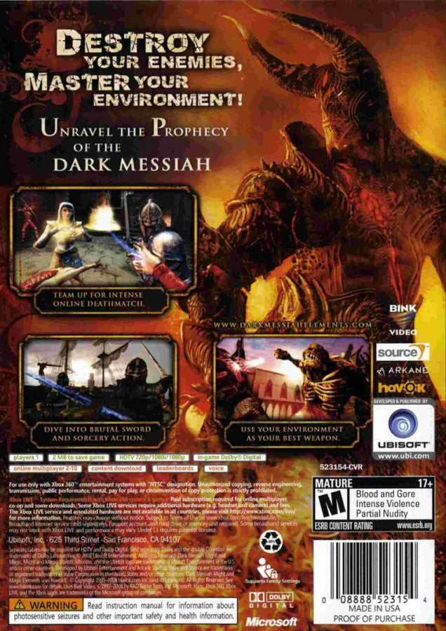 Dark Messiah: Might and Magic Elements – Xbox 360 (X360) Back Cover Box Art Image
