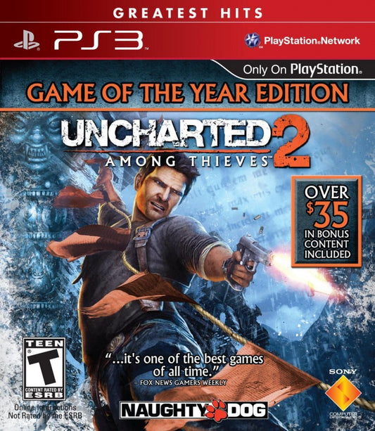 Uncharted 2 Among Thieves Game of the Year Greatest Hits for PlayStation 3, cover image for an action-adventure third-person shooter video game with cinematic storytelling, treasure hunting, platforming, and blockbuster combat gameplay