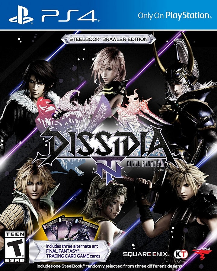 Dissidia Final Fantasy NT Steelbook Edition for PlayStation 4, cover image for a fighting action video game with team-based battles, Final Fantasy characters, arena combat, and competitive multiplayer gameplay