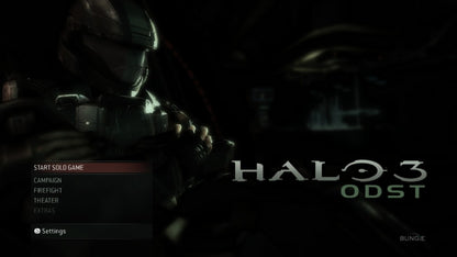Halo 3: ODST start screen for Xbox 360 (X360) sci-fi first-person shooter video game