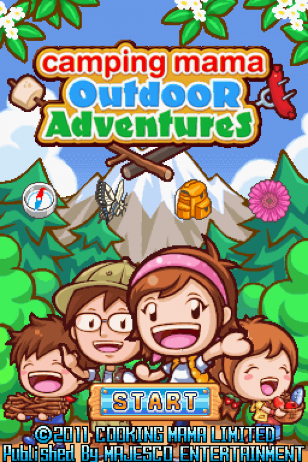 Camping Mama: Outdoor Adventures start screen for Nintendo DS (DS) family adventure mini-game collection video game