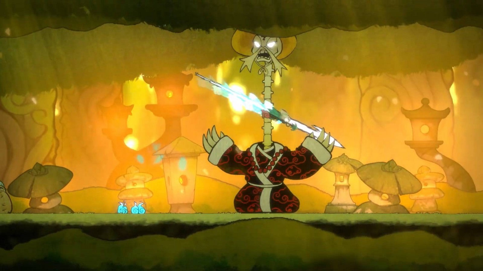 Bo Path of the Teal Lotus Nintendo Switch inspired design featuring hand drawn fantasy platform adventure aesthetic Japanese folklore inspiration graceful acrobatic combat mystical spirits beautiful watercolor environments metroidvania exploration gameplay presentation gameplay