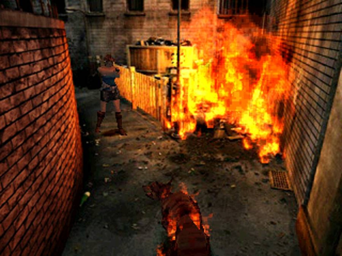 Resident Evil 3 Nemesis PlayStation 1 game featuring classic survival horror gameplay, fixed camera angles, and intense Nemesis encounters in Raccoon City gameplay screenshot