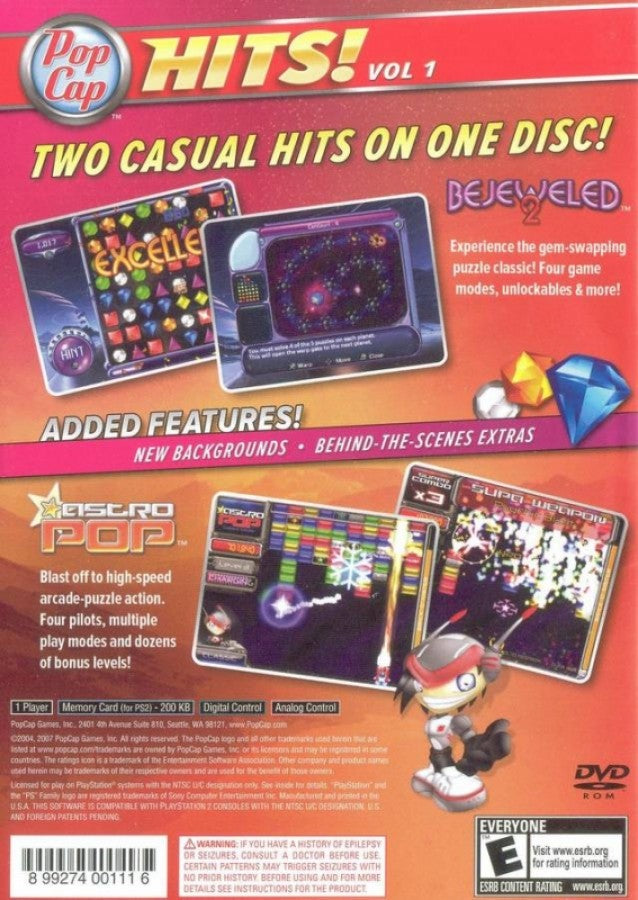 PopCap Hits Vol. 1 – PlayStation 2 (PS2) video game back of case, casual puzzle mini-game collection.