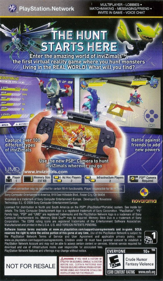 Invizimals for PlayStation Portable, back of case for an augmented reality video game with creature capturing gameplay, camera-based interactions, mini-games, and adventure elements