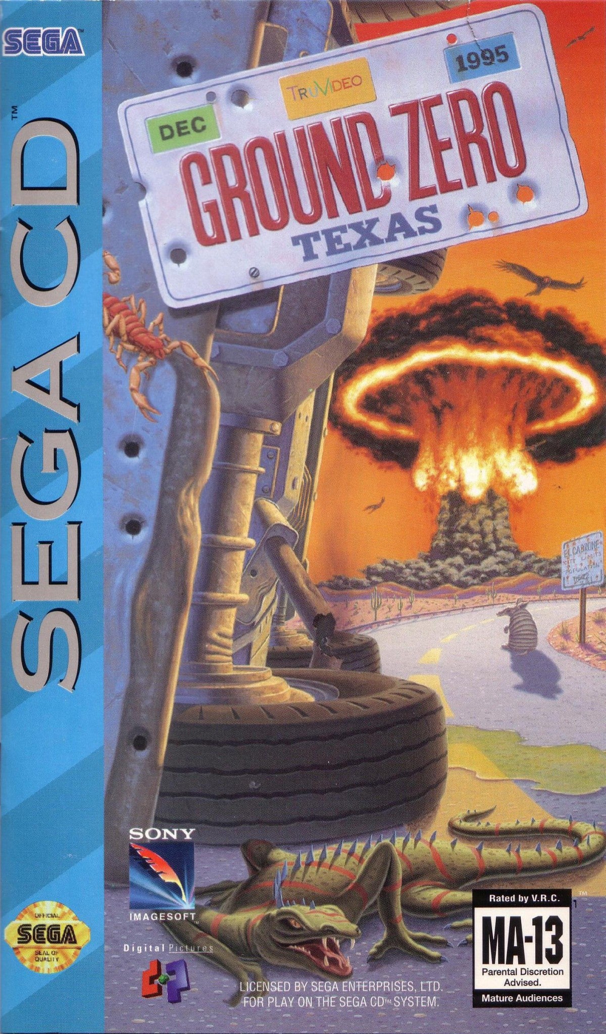 Ground Zero Texas Sega CD FMV light gun action video game featuring live-action Western-themed shootouts fast-paced gunfights enemy outlaws first-person shooting gameplay branching action scenes challenging missions and classic Sega CD gameplay collectible retro gaming appeal front cover art