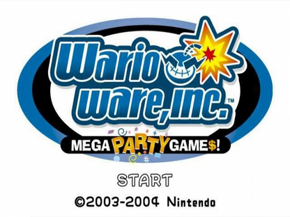WarioWare Mega Party Games GameCube GC video game, party game, fast-paced microgames, multiplayer, family-friendly, Nintendo GameCube classic title screen