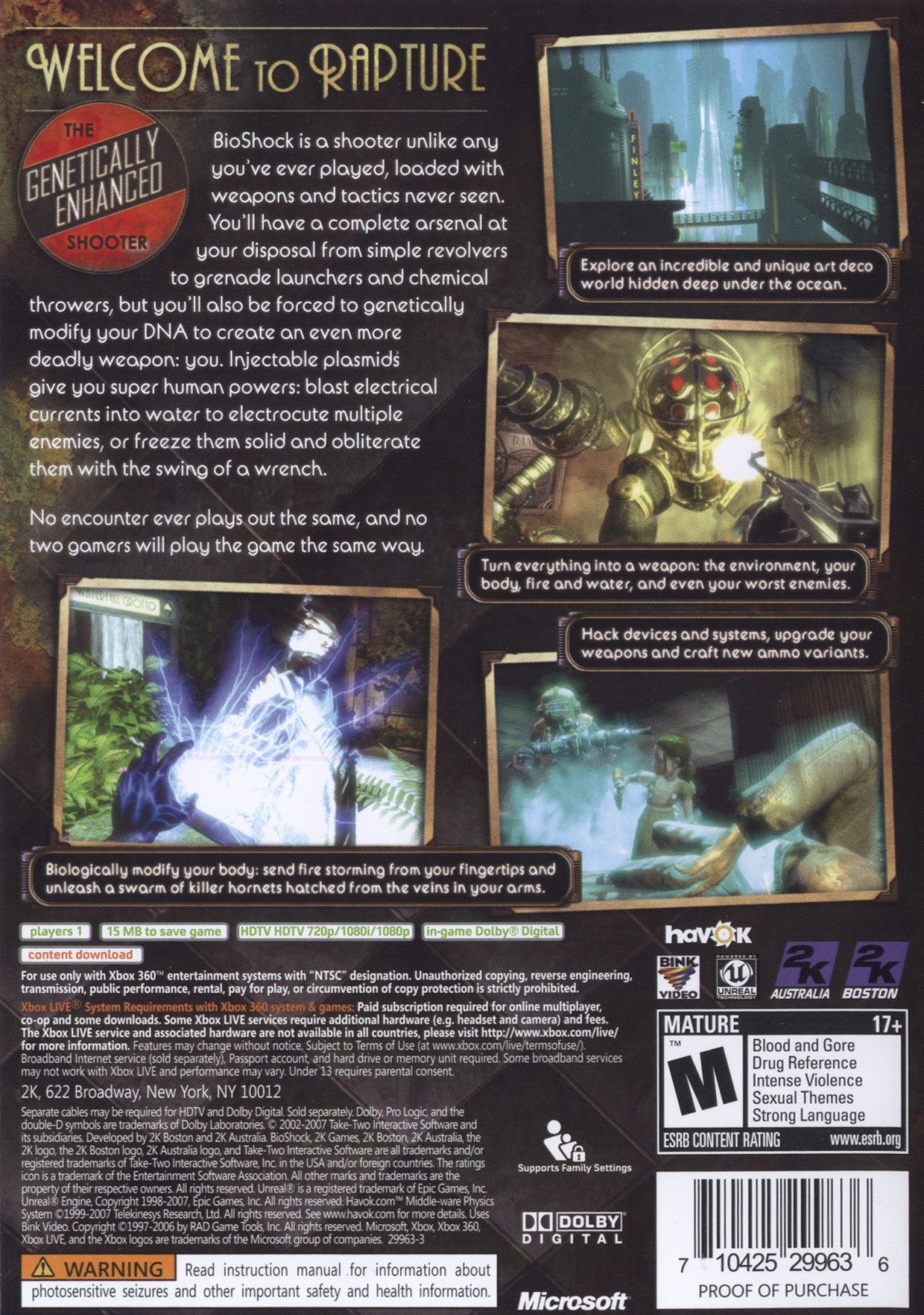BioShock [Platinum Hits] for Xbox 360 (X360) at Gamers INC, featuring the award-winning first-person masterpiece that plunges you into the decaying underwater utopia of Rapture, where you use genetically modifying Plasmids and salvaged weaponry to survive a dark, atmospheric story of philosophy and betrayal in a budget-friendly Platinum Hits edition back cover 