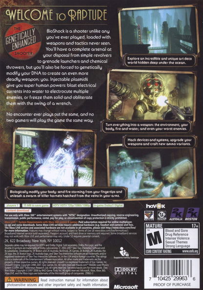 BioShock [Platinum Hits] for Xbox 360 (X360) at Gamers INC, featuring the award-winning first-person masterpiece that plunges you into the decaying underwater utopia of Rapture, where you use genetically modifying Plasmids and salvaged weaponry to survive a dark, atmospheric story of philosophy and betrayal in a budget-friendly Platinum Hits edition back cover 