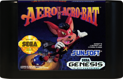 Aero the Acro Bat Sega Genesis GEN video game featuring action platforming gameplay acrobat character adventure colorful circus environments enemy encounters jumping challenges collectible items and classic 16 bit Sega gameplay retro video game collection collectible gaming appeal game cartridge