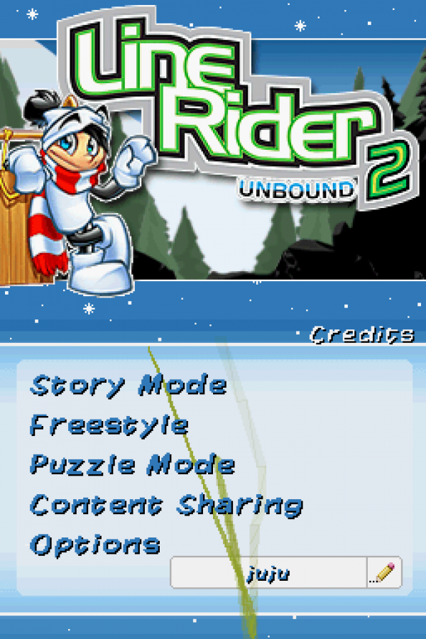 Line Rider 2: Unbound start screen for Nintendo DS (DS) puzzle physics simulation video game