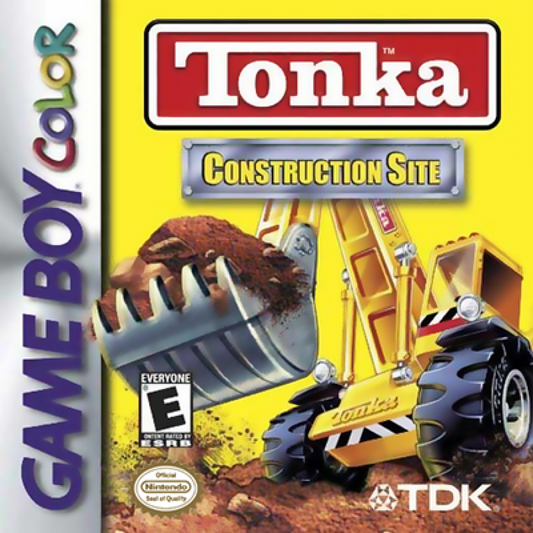 Tonka Construction Site for Game Boy Color, cover image for a simulation video game with construction vehicle gameplay, mini-games, task-based challenges, and family-friendly activities