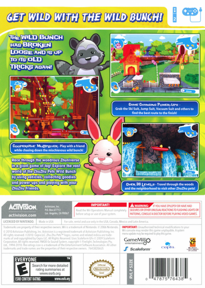 Zhu Zhu Pets Featuring the Wild Bunch Nintendo Wii for family friendly simulation adventure video game fans featuring adorable hamster characters pet care activities colorful environments mini games exploration racing challenges motion controls and fun animal themed gameplay collectible gaming appeal back cover art