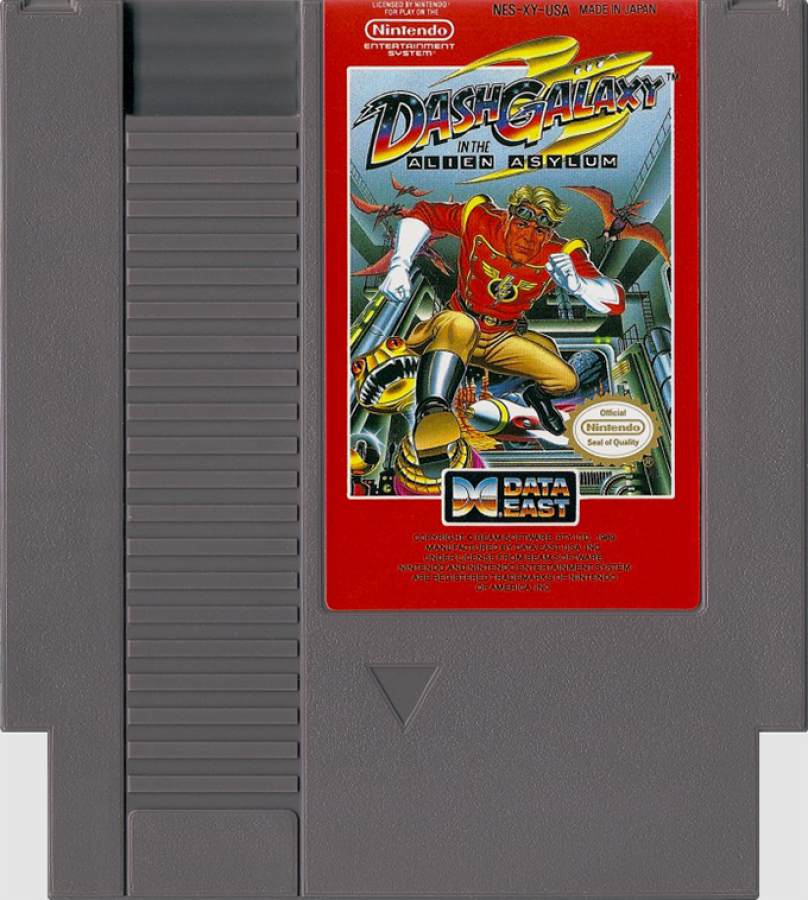 Dash Galaxy in the Alien Asylum Nintendo Entertainment System NES video game featuring sci fi platforming gameplay alien planet exploration maze navigation obstacle courses enemy encounters space adventure and classic 8 bit action retro video game collection collectible gaming appeal cartridge
