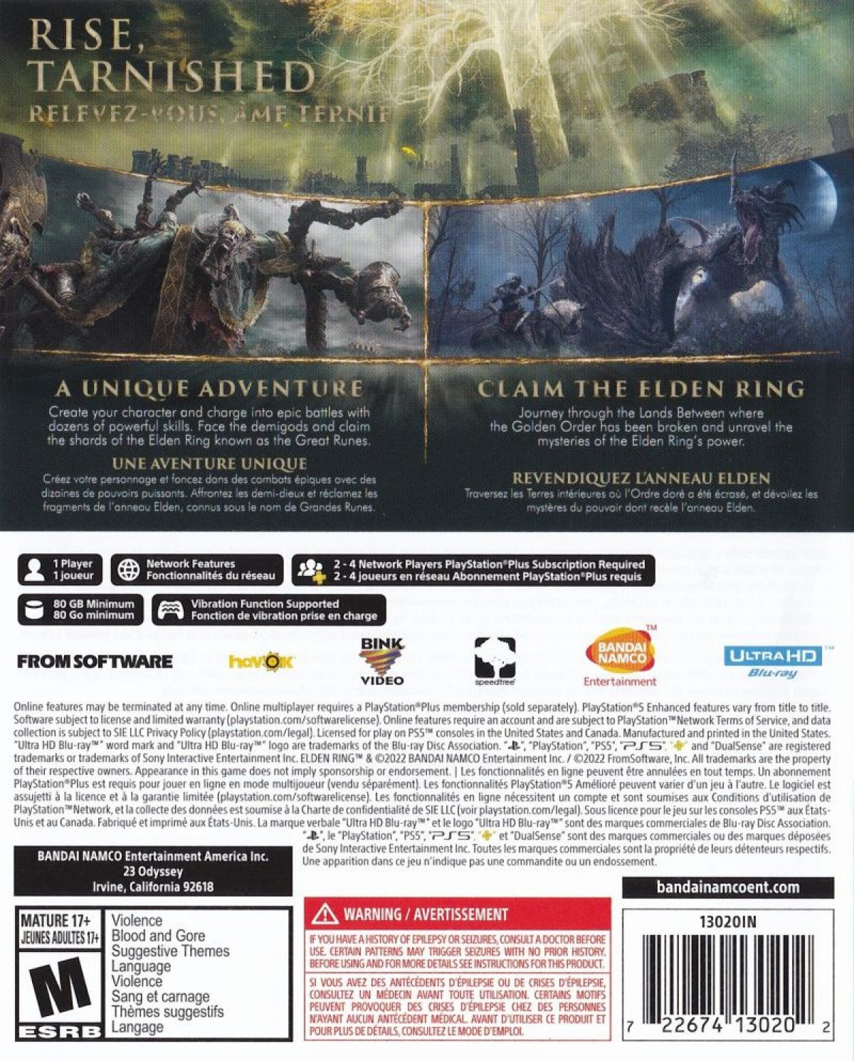 Elden Ring PS5 game featuring open-world action RPG gameplay, challenging combat, and a dark fantasy adventure on PlayStation 5 back cover art