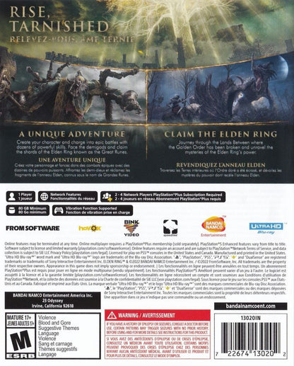 Elden Ring PS5 game featuring open-world action RPG gameplay, challenging combat, and a dark fantasy adventure on PlayStation 5 back cover art