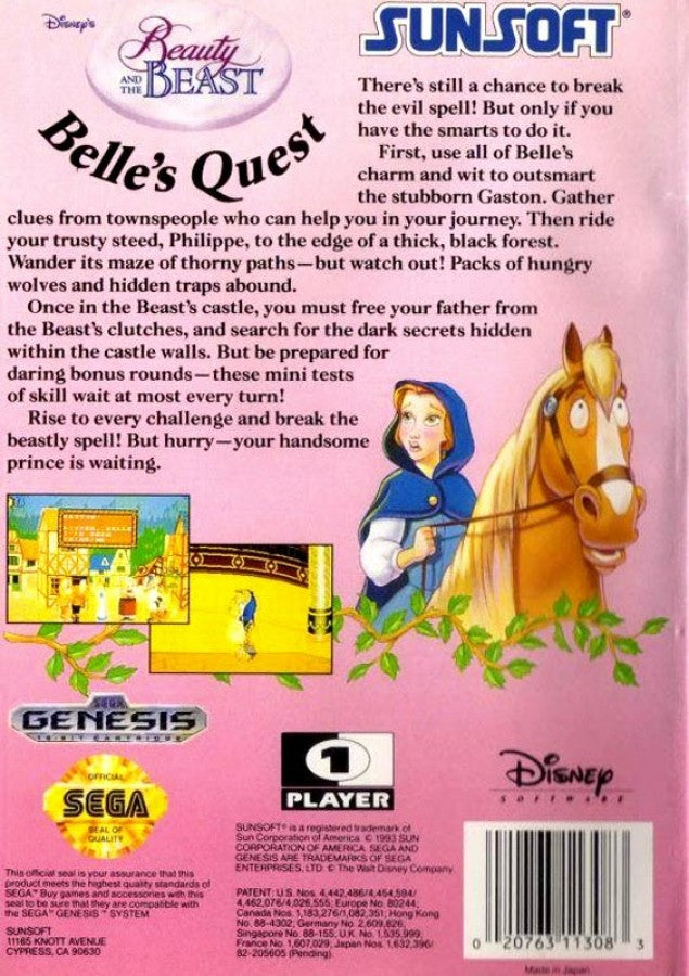 Disney's Beauty and the Beast: Belle's Quest back cover art for Sega Genesis (GEN) video game