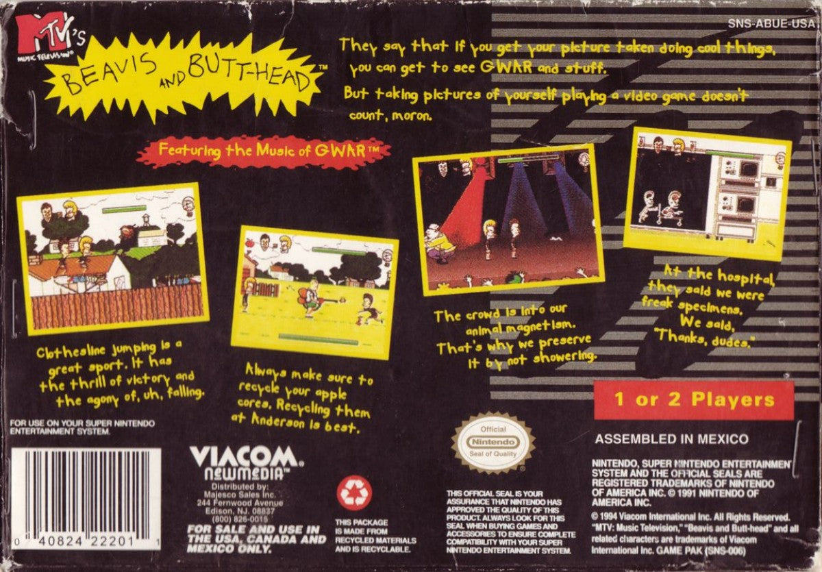 Beavis and Butthead – Super Nintendo Entertainment System (SNES) back of box for retro comedy video game 