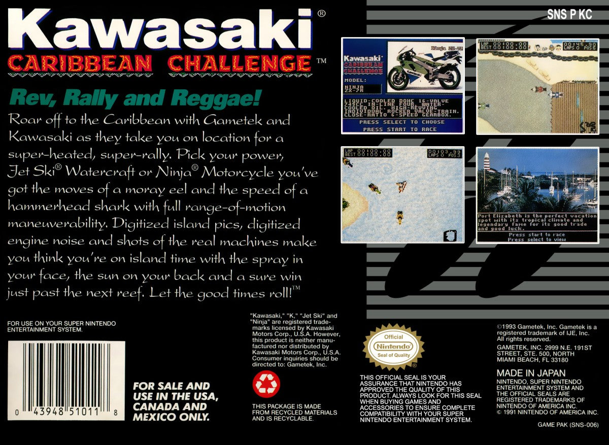 Kawasaki Caribbean Challenge Super Nintendo Entertainment System SNES racing video game featuring off-road motorcycle racing tropical Caribbean environments challenging courses high-speed driving jumps sharp turns and classic Super Nintendo Entertainment System SNES gameplay collectible retro gaming appeal back cover art