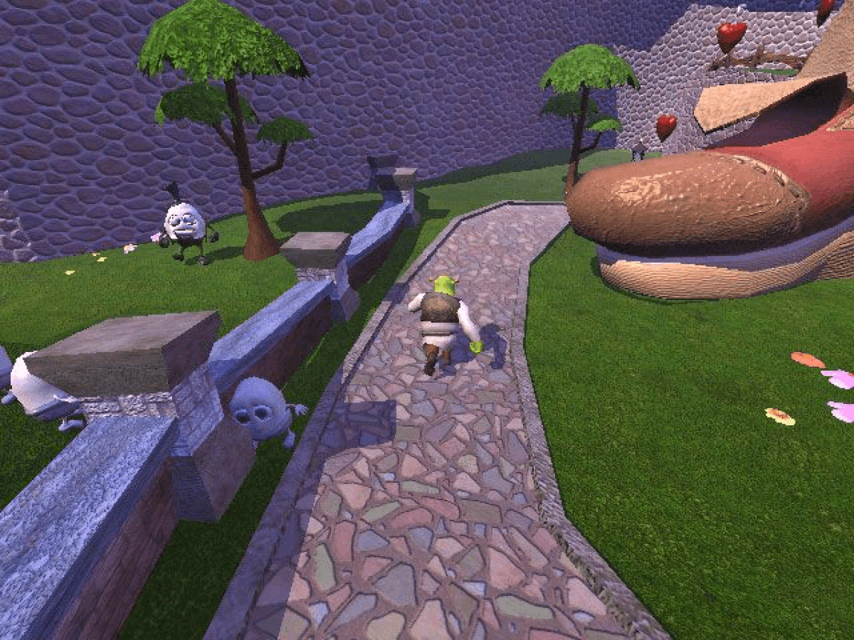 Shrek Xbox action adventure video game featuring Shrek the ogre exploring colorful environments battling enemies solving puzzles collecting items interacting with characters from the Shrek universe challenging levels and classic original Xbox gameplay collectible retro gaming appeal gameplay