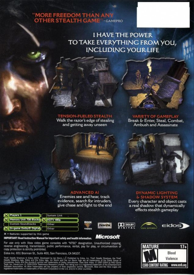 Thief: Deadly Shadows back cover art for Xbox (XBOX) video game